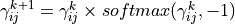 \gamma^{k+1}_{ij} = \gamma^{k}_{ij} \times softmax(\gamma^{k}_{ij},-1)